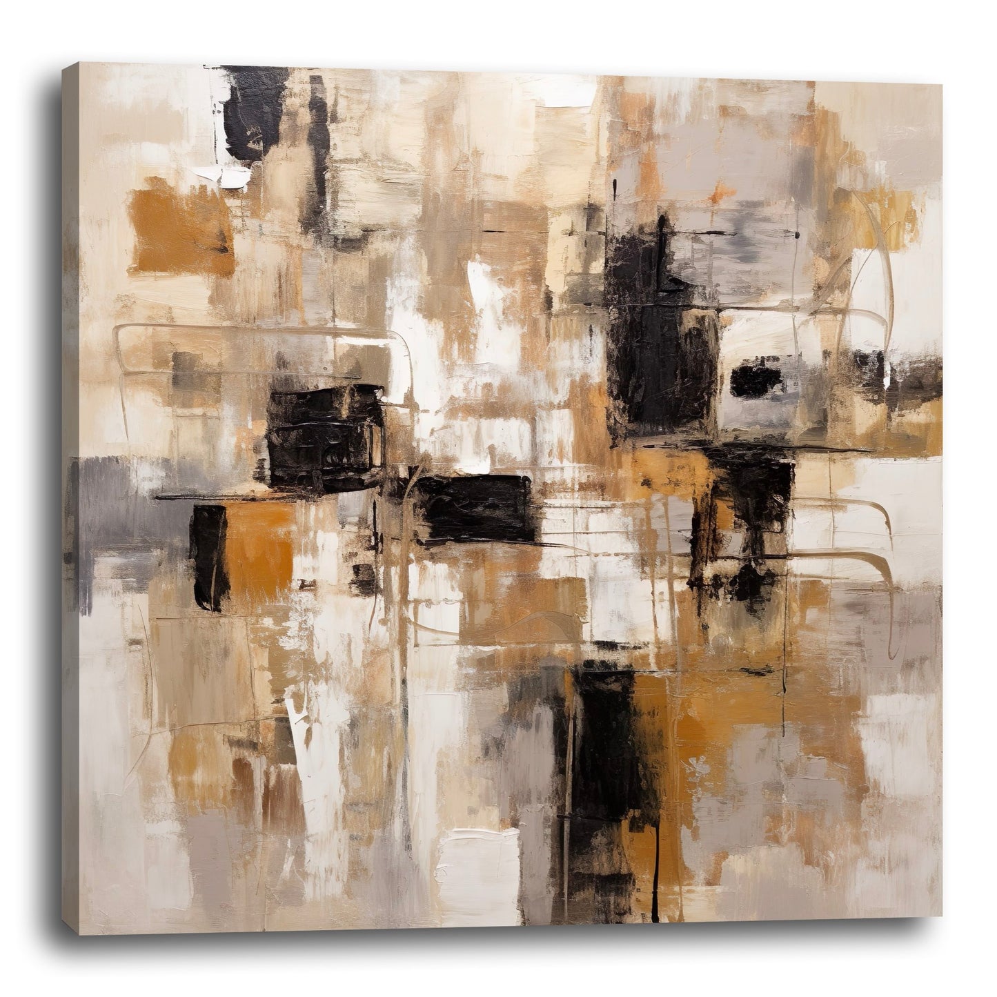 Tableau Abstrait - Décoration Murale Élégante en Marron, Noir, Beige et Blanc