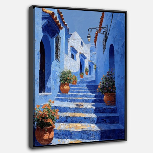 Peinture de Chefchaouen - Escaliers Bleus, Style Thomas Kincaid