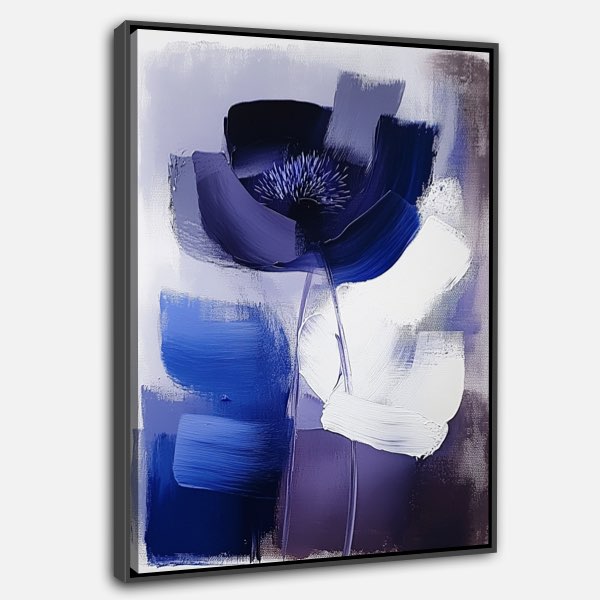 Tableau Abstrait Minimaliste - Fleur en Bleu Foncé et Blanc