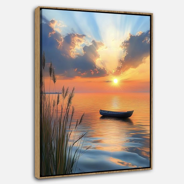 Peinture Sereine de Coucher de Soleil sur une Mer Calme avec Bateau et Roseaux
