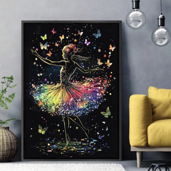 Danseuse en Jupe Parapluie avec Papillons et Étoiles - Peinture Aquarelle