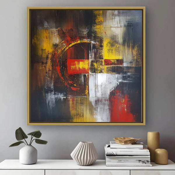 Peinture Abstraite aux Tons Rouges et Jaunes sur Fond Noir