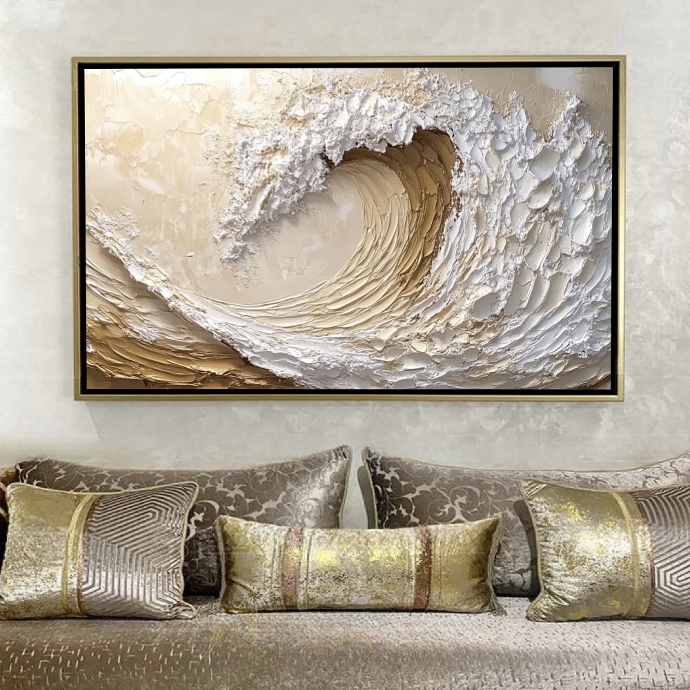 Peinture Abstraite de Vague Océan en Blanc et Beige