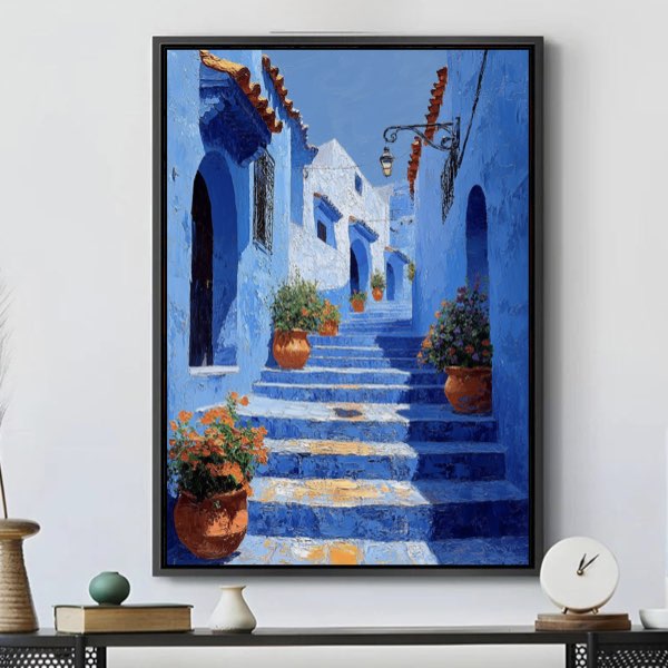 Peinture de Chefchaouen - Escaliers Bleus, Style Thomas Kincaid