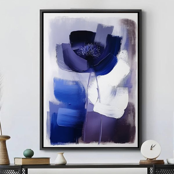 Tableau Abstrait Minimaliste - Fleur en Bleu Foncé et Blanc