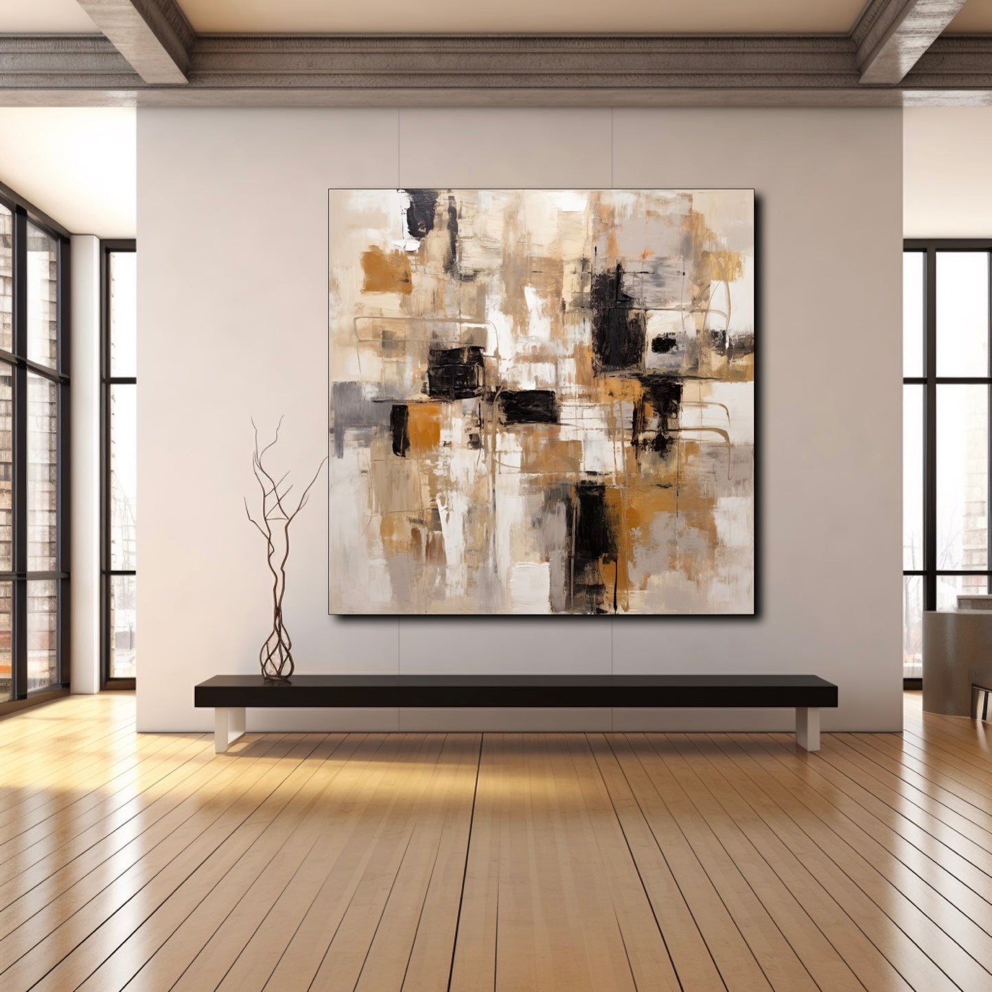 Tableau Abstrait - Décoration Murale Élégante en Marron, Noir, Beige et Blanc