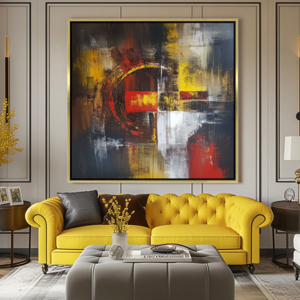 Peinture Abstraite aux Tons Rouges et Jaunes sur Fond Noir