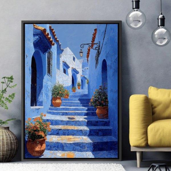 Peinture de Chefchaouen - Escaliers Bleus, Style Thomas Kincaid