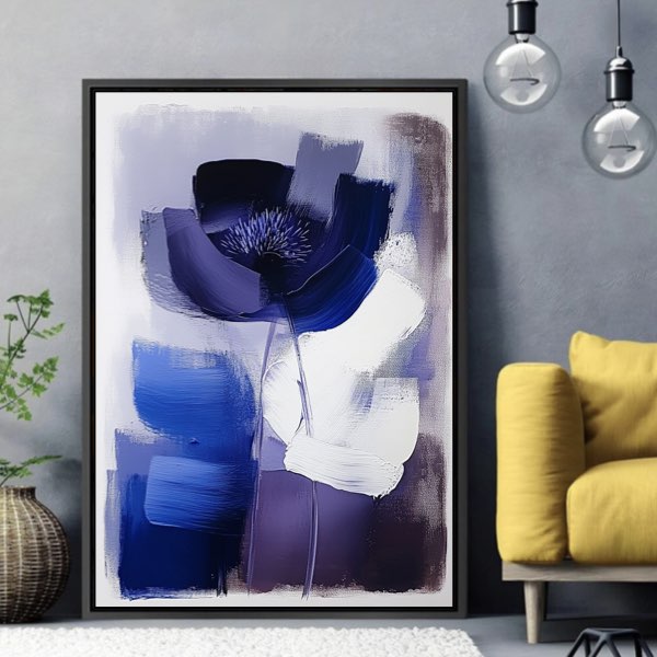 Tableau Abstrait Minimaliste - Fleur en Bleu Foncé et Blanc