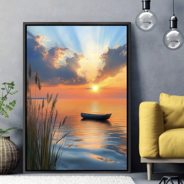 Peinture Sereine de Coucher de Soleil sur une Mer Calme avec Bateau et Roseaux