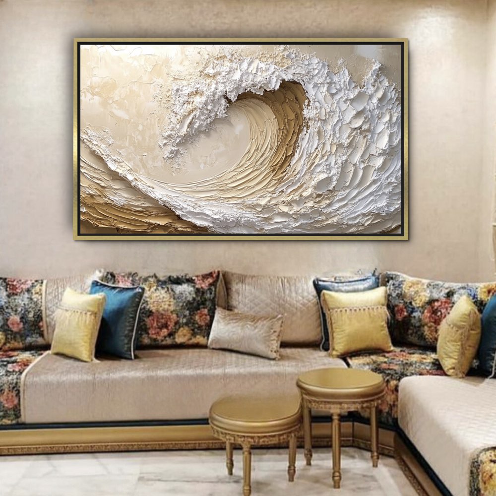 Peinture Abstraite de Vague Océan en Blanc et Beige