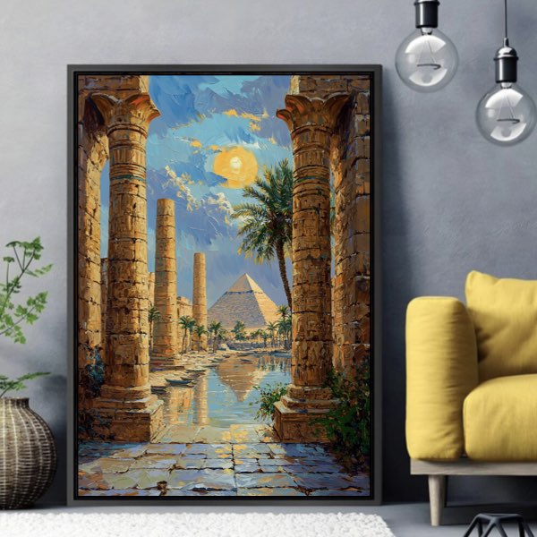 Peinture des Pyramides de Gizeh et du Temple de Karnak