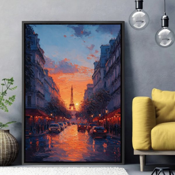 Peinture Acrylique Paris - Avenue au Coucher du Soleil Vue d’un Café