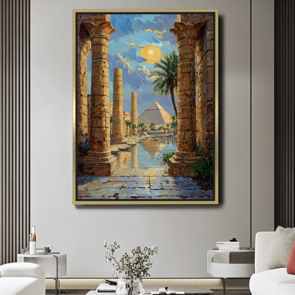 Peinture des Pyramides de Gizeh et du Temple de Karnak