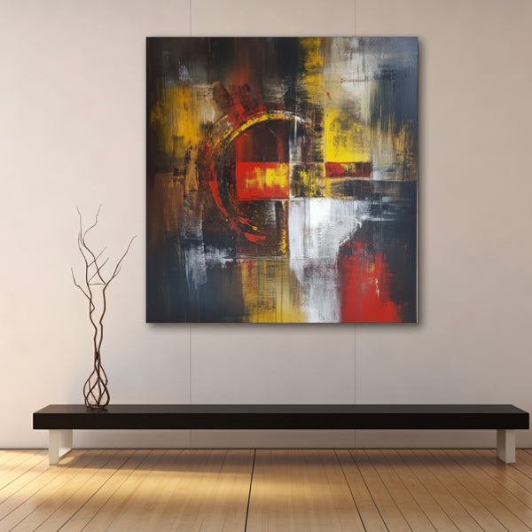 Peinture Abstraite aux Tons Rouges et Jaunes sur Fond Noir