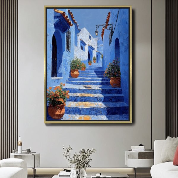 Peinture de Chefchaouen - Escaliers Bleus, Style Thomas Kincaid