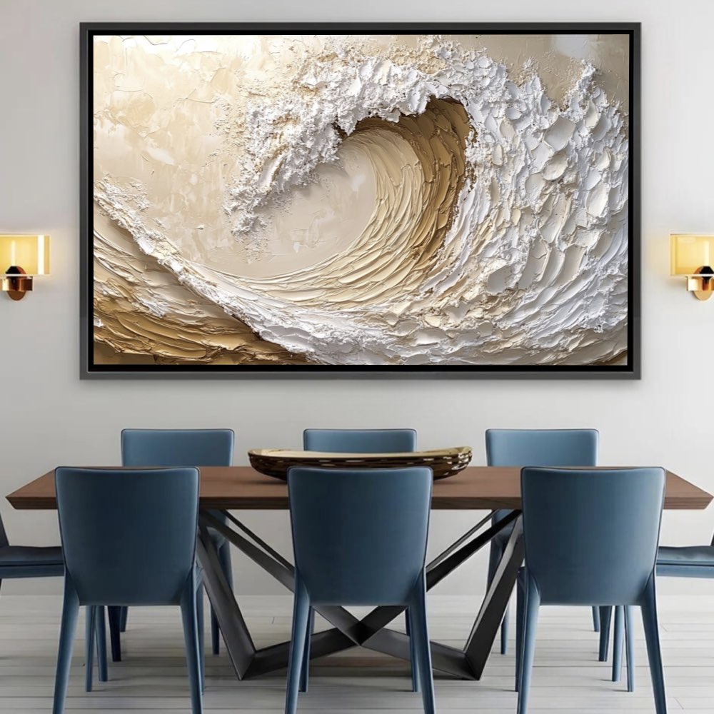 Peinture Abstraite de Vague Océan en Blanc et Beige