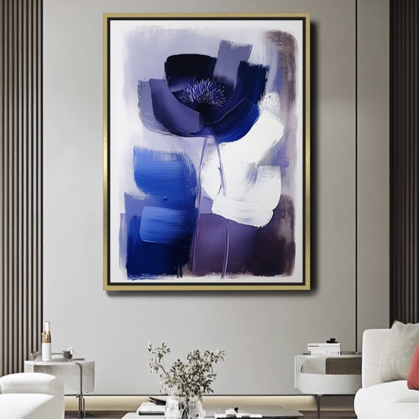 Tableau Abstrait Minimaliste - Fleur en Bleu Foncé et Blanc