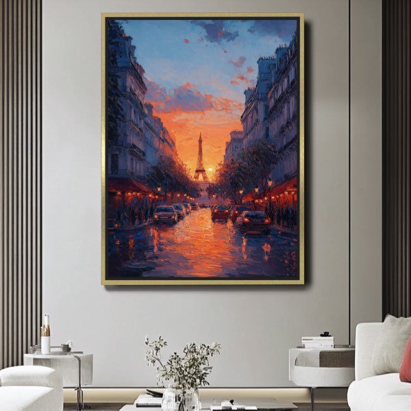 Peinture Acrylique Paris - Avenue au Coucher du Soleil Vue d’un Café