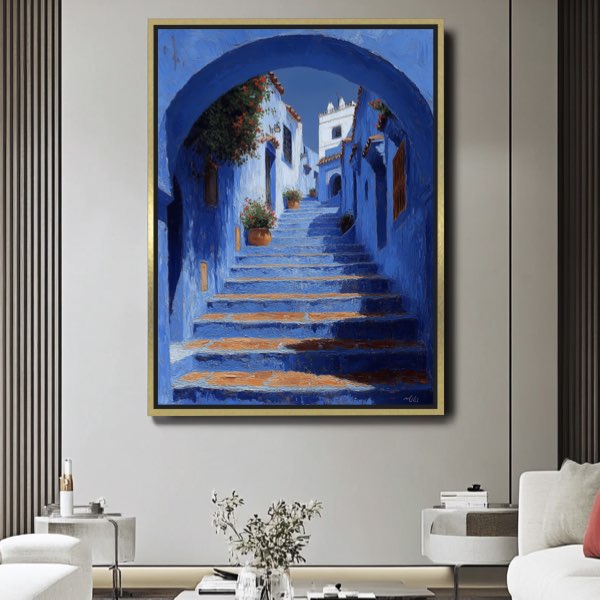 Peinture Chefchaouen - Escaliers Bleus en Détails