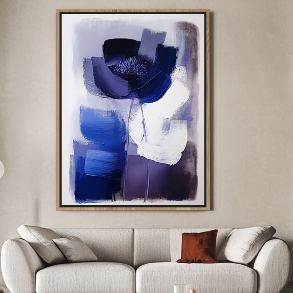 Tableau Abstrait Minimaliste - Fleur en Bleu Foncé et Blanc