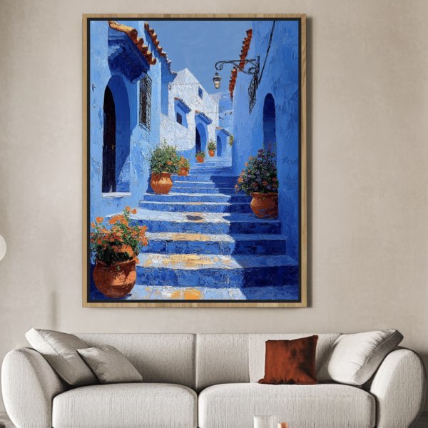 Peinture de Chefchaouen - Escaliers Bleus, Style Thomas Kincaid