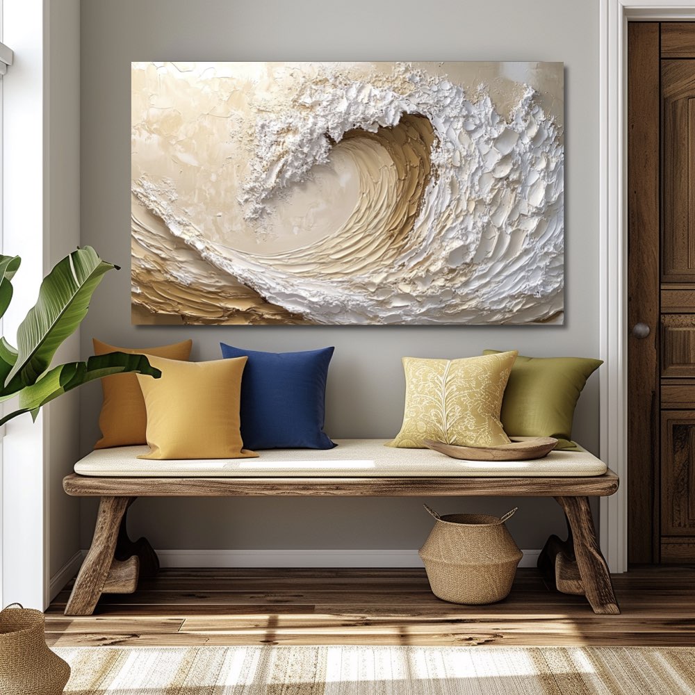 Peinture Abstraite de Vague Océan en Blanc et Beige