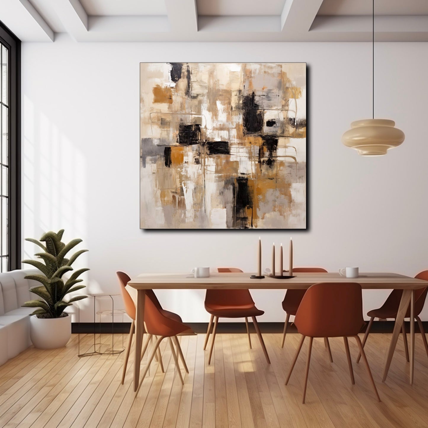 Tableau Abstrait - Décoration Murale Élégante en Marron, Noir, Beige et Blanc