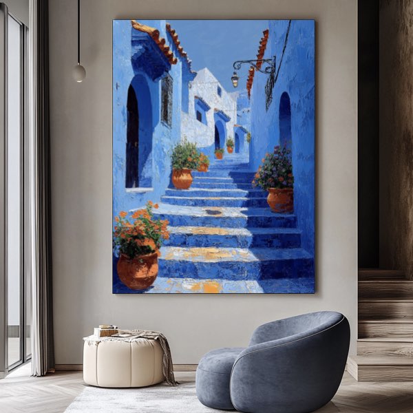 Peinture de Chefchaouen - Escaliers Bleus, Style Thomas Kincaid