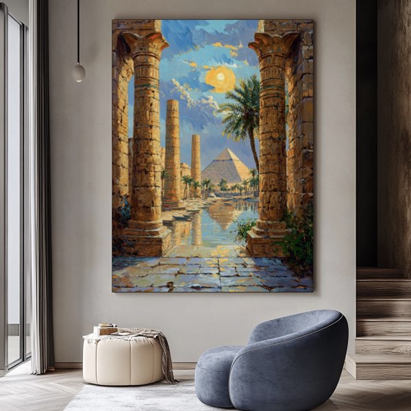 Peinture des Pyramides de Gizeh et du Temple de Karnak