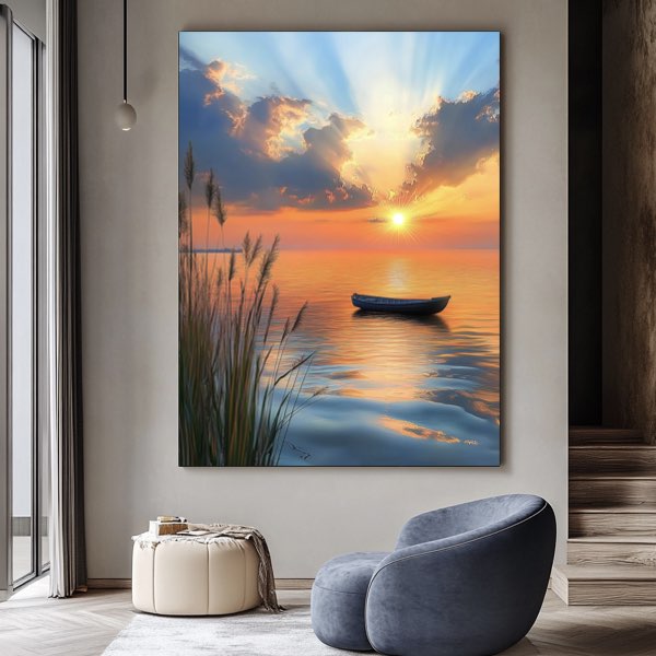 Peinture Sereine de Coucher de Soleil sur une Mer Calme avec Bateau et Roseaux