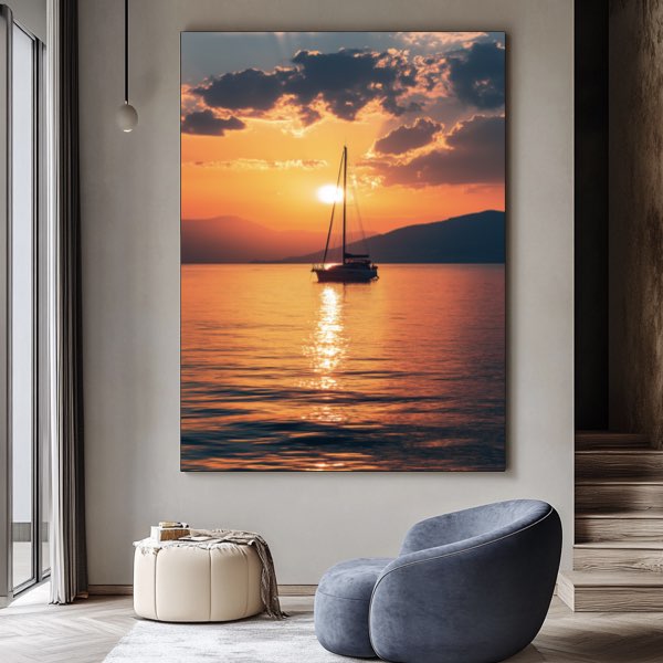 Photo de Lever de Soleil avec Yacht à l'Horizon