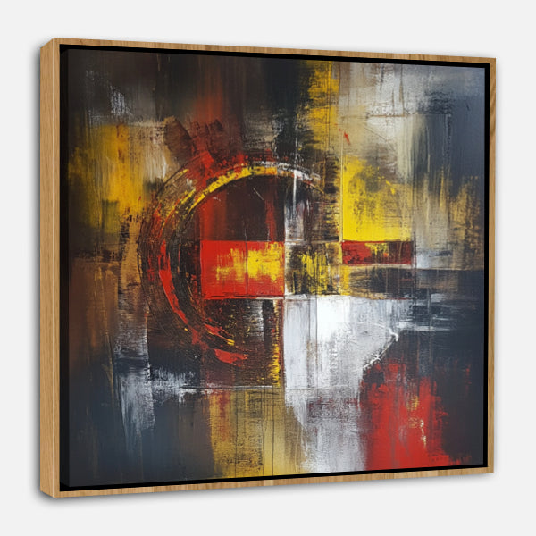Peinture Abstraite aux Tons Rouges et Jaunes sur Fond Noir
