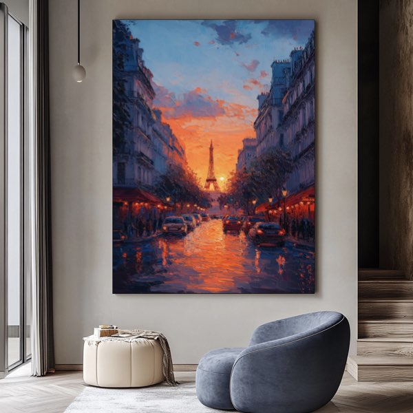 Peinture Acrylique Paris - Avenue au Coucher du Soleil Vue d’un Café