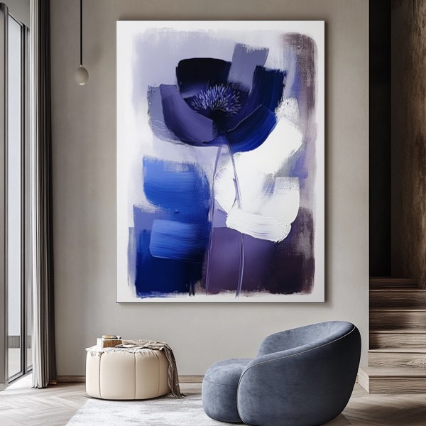 Tableau Abstrait Minimaliste - Fleur en Bleu Foncé et Blanc