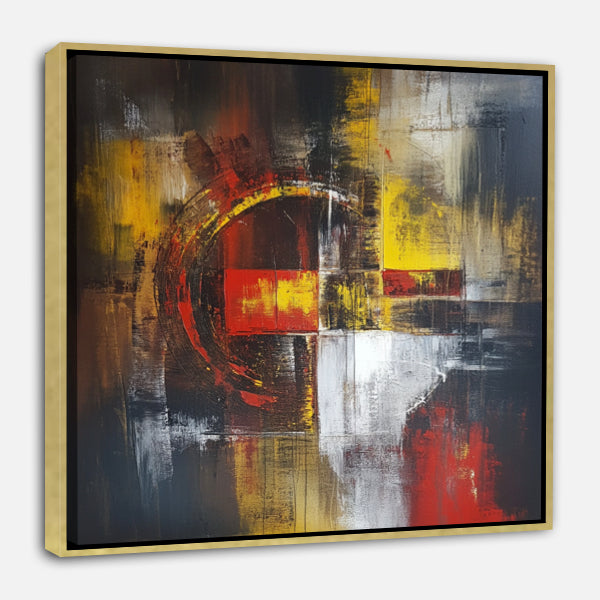 Peinture Abstraite aux Tons Rouges et Jaunes sur Fond Noir