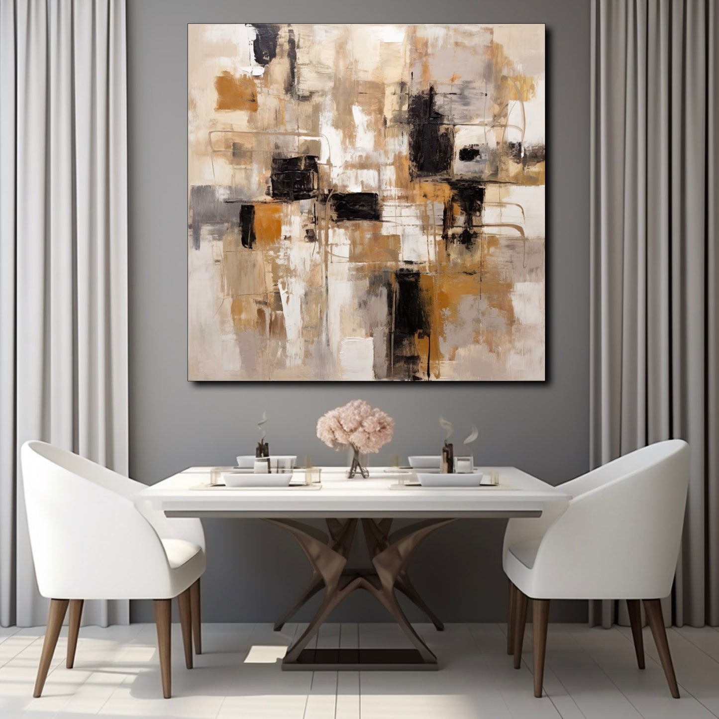Tableau Abstrait - Décoration Murale Élégante en Marron, Noir, Beige et Blanc