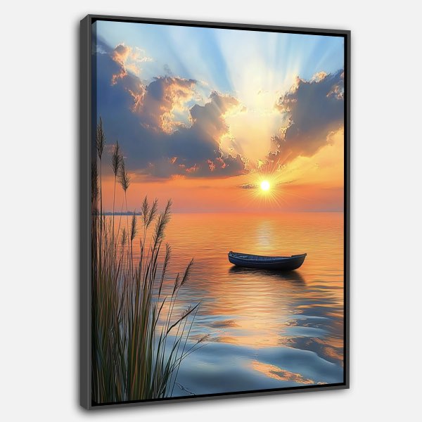 Peinture Sereine de Coucher de Soleil sur une Mer Calme avec Bateau et Roseaux