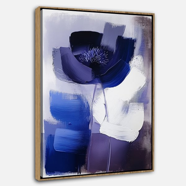 Tableau Abstrait Minimaliste - Fleur en Bleu Foncé et Blanc