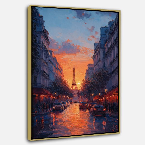 Peinture Acrylique Paris - Avenue au Coucher du Soleil Vue d’un Café