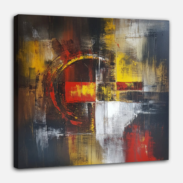 Peinture Abstraite aux Tons Rouges et Jaunes sur Fond Noir