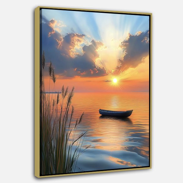 Peinture Sereine de Coucher de Soleil sur une Mer Calme avec Bateau et Roseaux