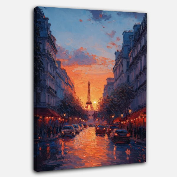Peinture Acrylique Paris - Avenue au Coucher du Soleil Vue d’un Café