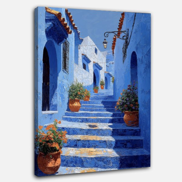 Peinture de Chefchaouen - Escaliers Bleus, Style Thomas Kincaid