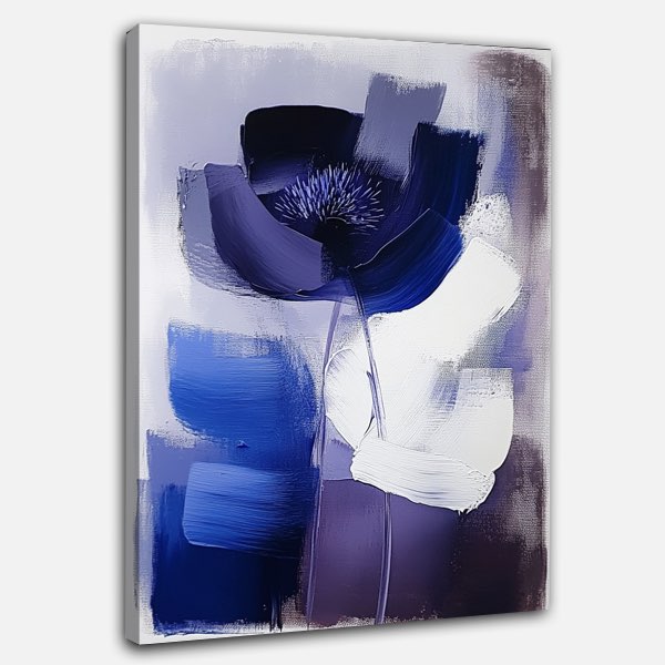 Tableau Abstrait Minimaliste - Fleur en Bleu Foncé et Blanc