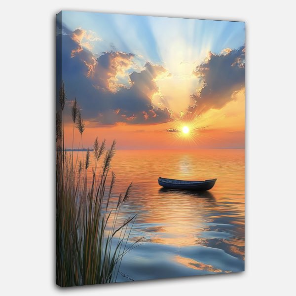 Peinture Sereine de Coucher de Soleil sur une Mer Calme avec Bateau et Roseaux