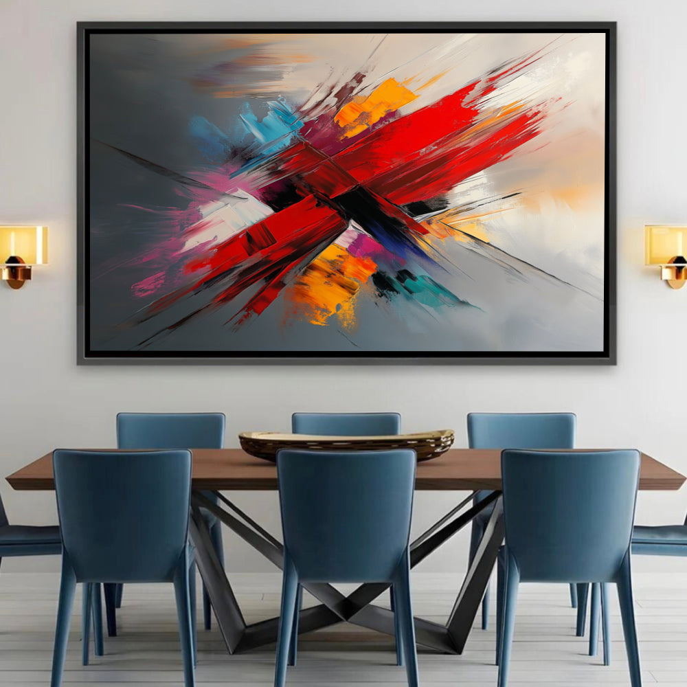Tableau Abstrait avec Rouleau Rouge et Touches de Couleurs