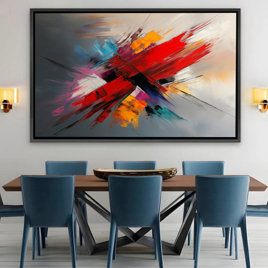 Tableau Abstrait avec Rouleau Rouge et Touches de Couleurs