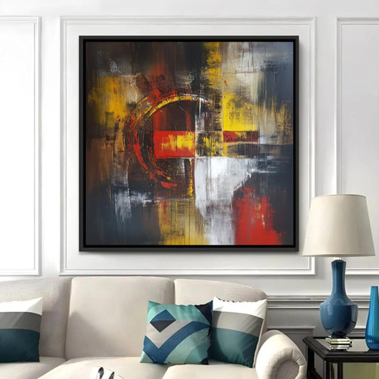 Peinture Abstraite aux Tons Rouges et Jaunes sur Fond Noir