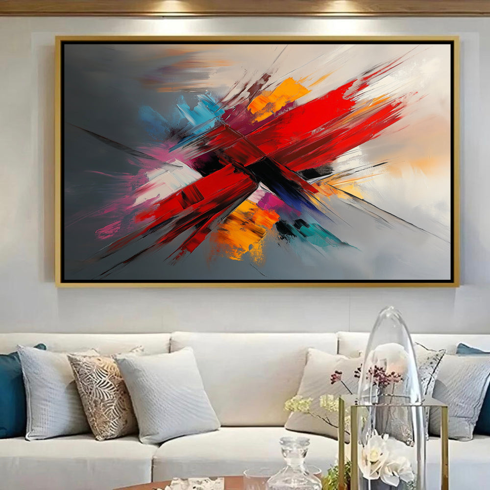 Tableau Abstrait avec Rouleau Rouge et Touches de Couleurs